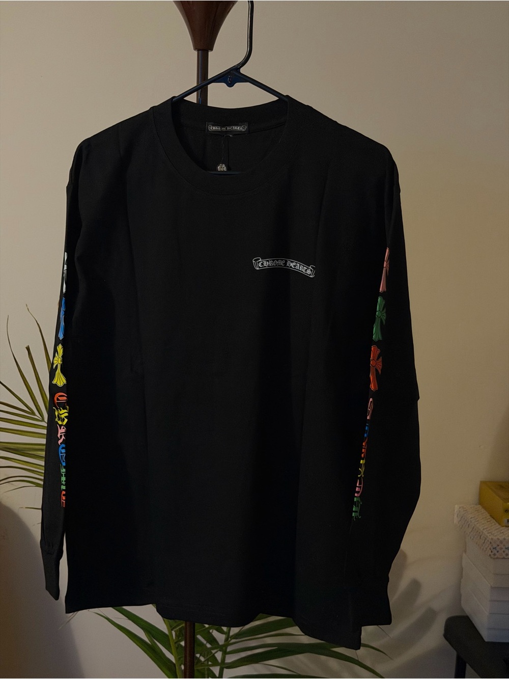 Chrome Hearts Black Long Sleeve Tee with Multicolor Sleeve Graphics
